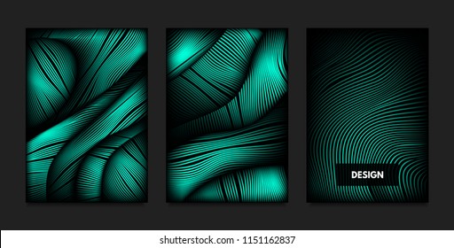 Distortion of Wavy Lines. Turquoise Abstract Backgrounds with Vibrant Gradient. Movement and Volume Effect. Futuristic Cover Templates Set for Presentation, Poster, Brochure. Distortion of 3d Shapes.