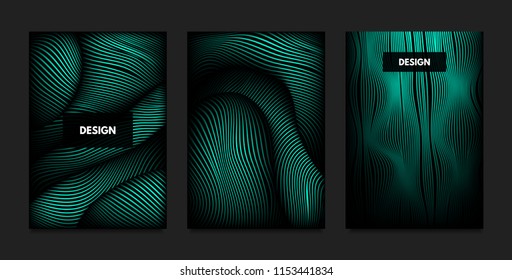 Distortion of Wavy Lines. Turquoise Abstract Backgrounds with Vibrant Gradient. Movement and Volume Effect. Futuristic Cover Templates Set for Presentation, Poster, Brochure. Distortion of 3d Shapes.