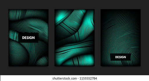 Distortion of Wavy Lines. Turquoise Abstract Backgrounds with Vibrant Gradient. Movement and Volume Effect. Futuristic Cover Templates Set for Presentation, Poster, Brochure. Distortion of 3d Shapes.