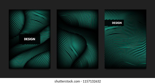 Distortion of Wavy Lines. Turquoise Abstract Backgrounds with Vibrant Gradient. Movement and Volume Effect. Futuristic Cover Templates Set for Presentation, Poster, Brochure. Distortion of 3d Shapes.