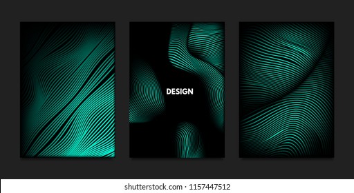 Distortion of Wavy Lines. Turquoise Abstract Backgrounds with Vibrant Gradient. Movement and Volume Effect. Futuristic Cover Templates Set for Presentation, Poster, Brochure. Distortion of 3d Shapes.