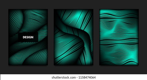 Distortion of Wavy Lines. Turquoise Abstract Backgrounds with Vibrant Gradient. Movement and Volume Effect. Futuristic Cover Templates Set for Presentation, Poster, Brochure. Distortion of 3d Shapes.