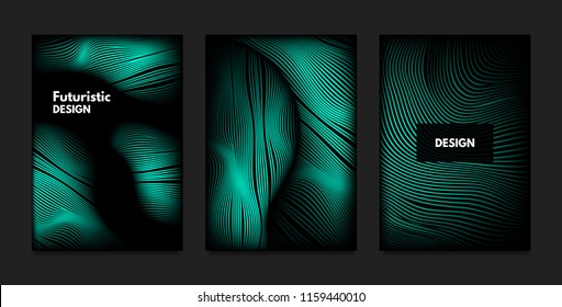 Distortion of Wavy Lines. Turquoise Abstract Backgrounds with Vibrant Gradient. Movement and Volume Effect. Futuristic Cover Templates Set for Presentation, Poster, Brochure. Distortion of 3d Shapes.