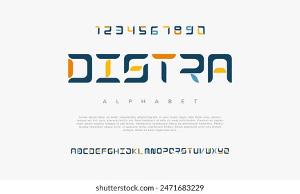 Distra creative geometric modern urban alphabet font. Digital abstract futuristic, fashion, sport, minimal technology typography. Simple numeric vector illustration
