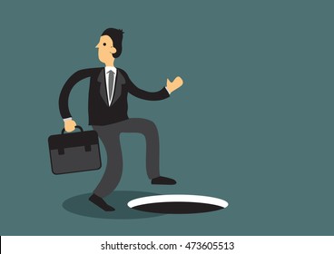 Distracted business professional unaware man hole in the ground. Cartoon vector illustration on concept of paying attention isolated on green background.