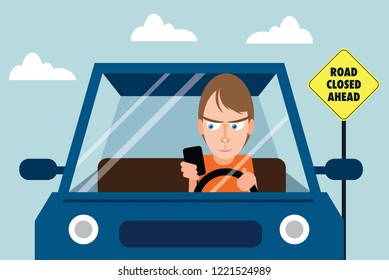 Distracted driver sending text messages while driving car