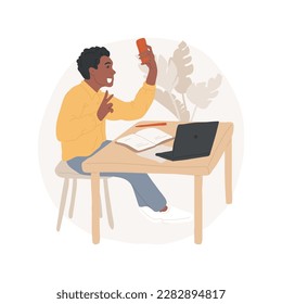 Distracted isolated cartoon vector illustration. Distracted teenage boy doing homework and taking selfie by smartphone, adolescent education problem, concentration loss vector cartoon.