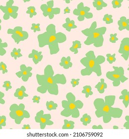 Distracted retro flowers seamless repeat pattern. Random placed, vector flower power hippie ditsy daisies all over surface print.