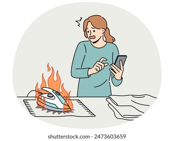 Distracted woman using cellphone burn clothes with iron. Scared housewife chatting on smartphone waste clothing with hot appliance. Vector illustration.