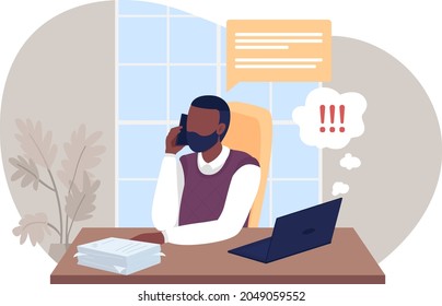 Distraction From Work 2D Vector Isolated Illustration. Man Talking On Phone, Ignoring Urgent Project. Depressed Flat Character On Cartoon Background. Freelancer In Home Office Colourful Scene