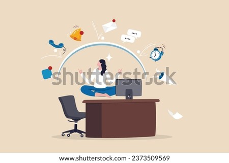Distraction at work, annoyed disturb notifications, noise or trouble to focus or concentrate, inattention alert in the office, focus concept, businesswoman meditate protect distractions office desk.