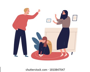 Distraught and furious husband yell and threaten mother and crying child. Domestic violence, abusive relationships, harassment in family. Flat vector cartoon illustration isolated on white