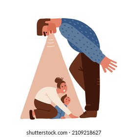 Distraught and furious husband yell and threaten mother and crying child. Mom protecting the child. Domestic violence, abusive relationships, harassment in family. Flat hand drawn vector illustration.