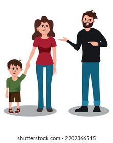 Distraught and furious husband yell and threaten mother and crying child. Mom protecting the child. Domestic violence, abusive relationships, harassment in family. Flat hand drawn vector illustration.