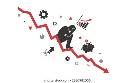 Distraught silhouette figure sitting on a sharp descending red arrow representing economic decline.