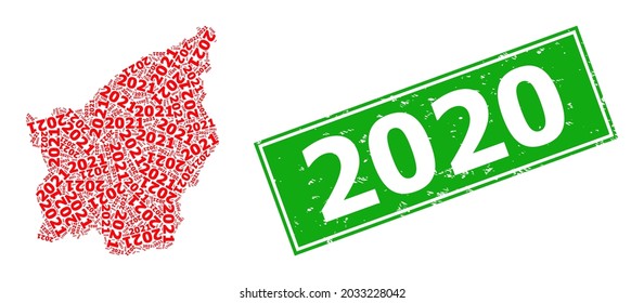 Distress 2020 stamp seal, and San Marino map mosaic of 2021 year digits icons. Green rectangle seal has 2020 text inside rectangle. San Marino map mosaic is formed of 2021 year digits rotated items.