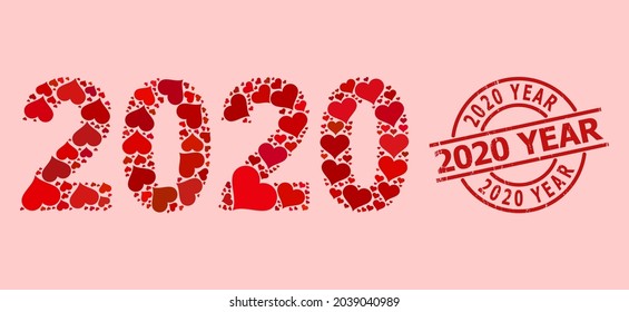 Distress 2020 Year stamp seal, and red love heart mosaic for 2020 year digits. Red round stamp seal includes 2020 Year caption inside circle.