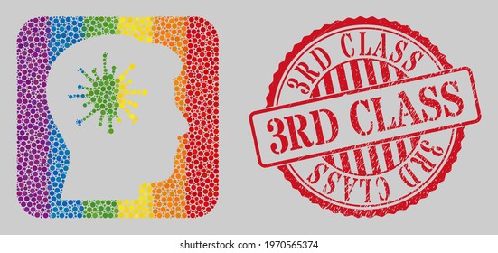 Distress 3Rd Class stamp seal and mosaic coronavirus brain hole for LGBT. Dotted rounded rectangle mosaic is around coronavirus brain hole. LGBT spectrum colors.