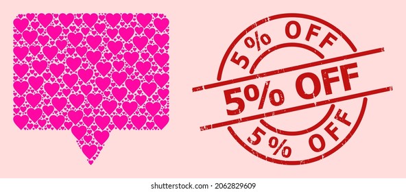 Distancia 5 descuento Sello de sello Off y mosaico de corazón de amor rosa para pancarta. El sello rojo redondo tiene 5 descuento Texto desactivado dentro del círculo. El mosaico de la pancarta está diseñado con iconos de color rosa.
