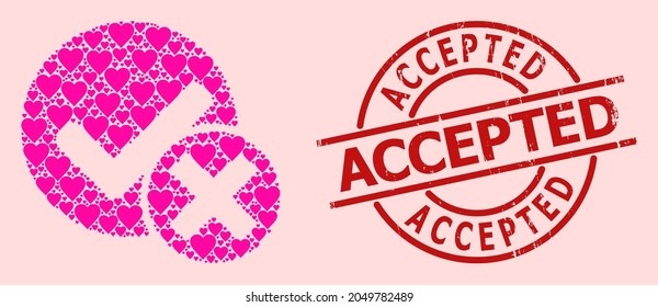 Distress Accepted stamp, and pink love heart mosaic for false positive. Red round stamp has Accepted caption inside circle. False positive mosaic is created from pink romantic icons.