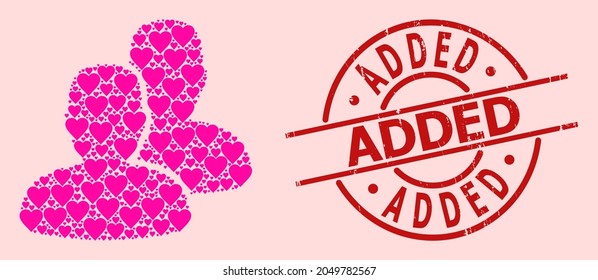 Distress Added stamp seal, and pink love heart mosaic for users. Red round seal has Added caption inside circle. Users mosaic is made of pink valentine symbols.