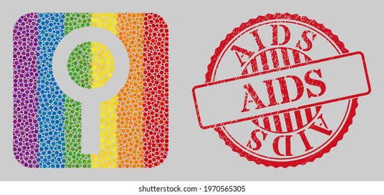 Distress AIDS stamp and mosaic barren gender symbol subtracted for LGBT. Dotted rounded rectangle mosaic is around barren gender symbol stencil. LGBT rainbow colors.