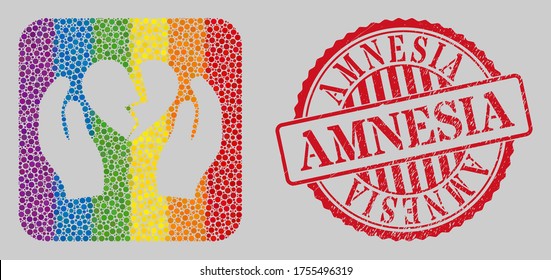Distress Amnesia stamp seal and mosaic broken heart care palms hole for LGBT. Dotted rounded rectangle mosaic is around broken heart care palms hole. LGBT spectrum colors.