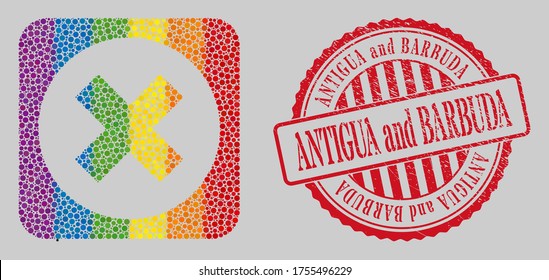 Distress Antigua and Barbuda watermark and mosaic delete stencil for LGBT. Dotted rounded rectangle collage is around delete carved shape. LGBT spectrum colors.