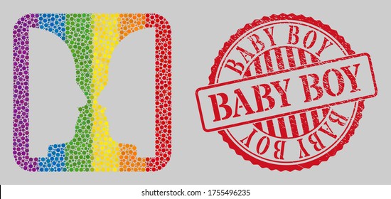 Distress Baby Boy watermark and mosaic dual face subtracted for LGBT. Dotted rounded rectangle mosaic is around dual face subtracted space. LGBT spectrum colors.