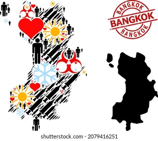 Distress Bangkok badge, and lovely humans Covid-2019 treatment mosaic map of Ko Tao. Red round badge includes Bangkok caption inside circle. Map of Ko Tao collage is made of cold, spring, lovely,