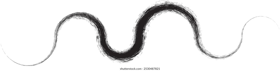 Distress black curve line .Graffiti art design . Squiggle curly stroke . Spray effect .Grunge curved line . Grainy, gritty textured line . Distressed curl element . Black curve stroke .vector