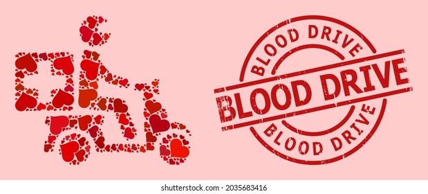 Distress Blood Drive Stamp, And Red Love Heart Collage For Medical Motorbike. Red Round Stamp Contains Blood Drive Text Inside Circle. Medical Motorbike Collage Is Organized Of Red Wedding Symbols.