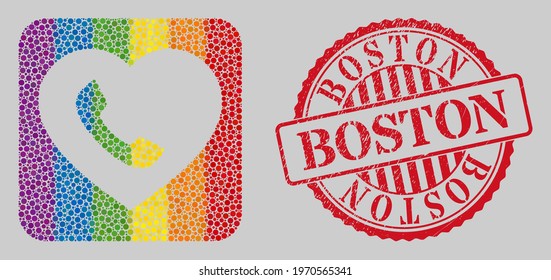 Distress Boston seal and mosaic favourite phone subtracted for LGBT. Dotted rounded rectangle mosaic is around favourite phone subtracted space. LGBT rainbow colors.