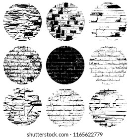 Distress brick wall masonry overlay circular texture set. Grunge urban dirty round background. Aging stone template cover. EPS10 vector.