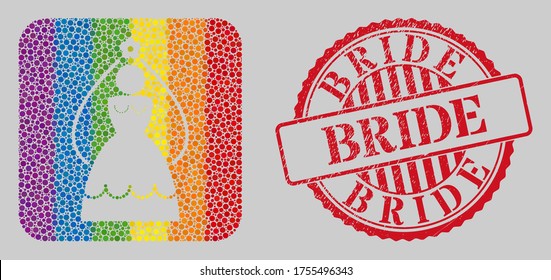 Distress Bride seal and mosaic bride stencil for LGBT. Dotted rounded rectangle mosaic is around bride stencil. LGBT spectrum colors. Red rounded grunge watermark with Bride message.