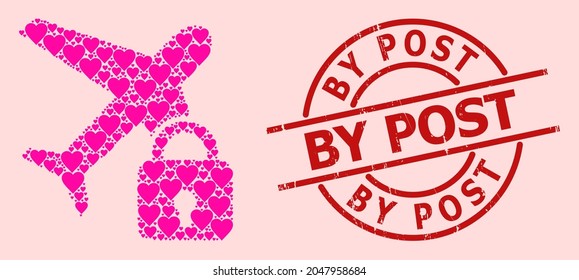 Distress By Post stamp seal, and pink love heart collage for locked airplane. Red round stamp seal includes By Post text inside circle. Locked airplane collage is formed with pink dating items.