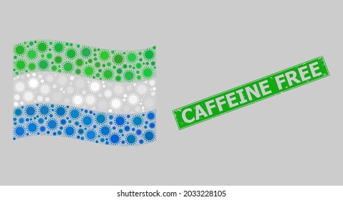 Notfall Koffein-frei und mosaik schwingende Flagge Sierra Leone mit Sonnensymbole erstellt. Grüne Briefmarke hat koffeinfreies Etikett im Rechteck.