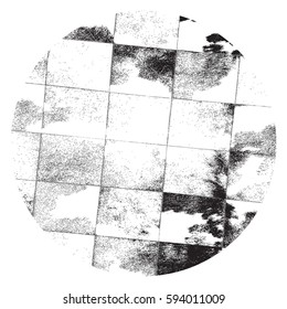 Distress circular overlay texture. Grunge circle dirty brushed paint background. Messy grainy round cover template. EPS10 vector.