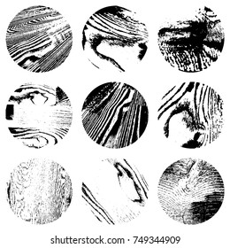 Distress Circular Wooden Textures set for your design. Grunge icon, label or logo artistic overlay backgrounds. EPS10 vector.