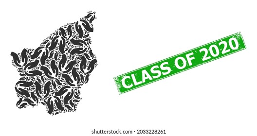 Distress Class of 2020 stamp, and San Marino map mosaic of pray hands icons. Green rectangle stamp has Class of 2020 tag inside rectangle.