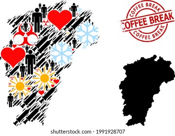 Distress Coffee Break stamp, and sunny people syringe mosaic Map of Jiangxi Province. Red round stamp has Coffee Break title inside circle. Map of Jiangxi Province mosaic is constructed with frost,
