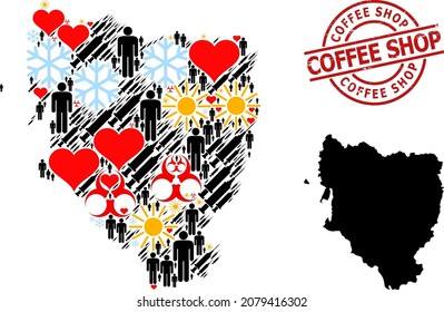Distress Coffee Shop stamp seal, and frost patients virus therapy mosaic map of Hueska Province. Red round seal has Coffee Shop title inside circle.