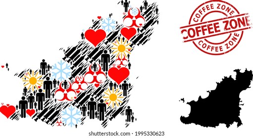 Distress Coffee Zone stamp seal, and heart demographics virus therapy mosaic map of Guernsey Island. Red round stamp seal includes Coffee Zone caption inside circle.