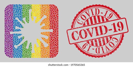 Distress Covid-19 seal and mosaic covid-19 virus subtracted for LGBT. Dotted rounded rectangle mosaic is around covid-19 virus stencil. LGBT rainbow colors.