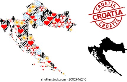 Distress Croatia seal, and frost population vaccine mosaic map of Croatia. Red round stamp has Croatia caption inside circle. Map of Croatia collage is designed with frost, spring, love, population,