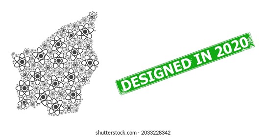 Distress Designed in 2020 stamp seal, and San Marino map collage of atom icons. Green rectangle seal contains Designed in 2020 title inside rectangle.