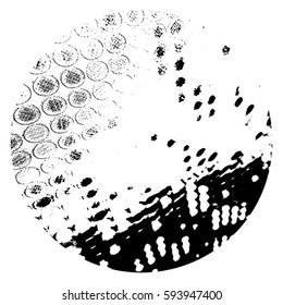 Distress Dot and shabby circle overlay texture. Empty round grunge black and white background. Creative dirty design element. EPS10 vector.