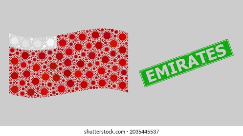 Distress Emirates and mosaic waving Abu Dhabi flag designed with sun icons. Green badge has Emirates caption inside rectangle. Vector sunny mosaic waving Abu Dhabi flag combined for holiday posters.