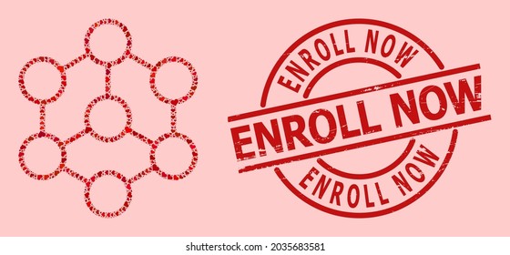 Distress Enroll Now stamp seal, and red love heart mosaic for blockchain. Red round stamp includes Enroll Now caption inside circle. Blockchain mosaic is done with red amour elements.