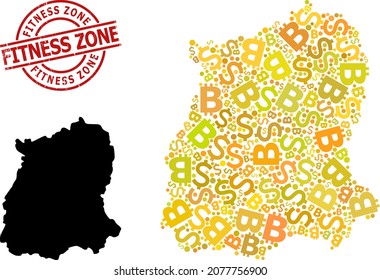 Distress Fitness Zone stamp seal, and banking mosaic map of Sikkim State. Red round stamp seal has Fitness Zone text inside circle. Map of Sikkim State mosaic is designed of financial, funding,